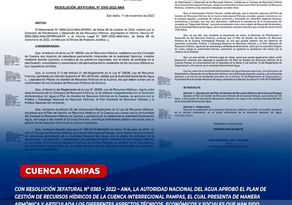 ANA APROBÓ EL PLAN DE GESTIÓN DE RECURSOS HÍDRICOS DE LA CUENCA INTERREGIONAL PAMPAS